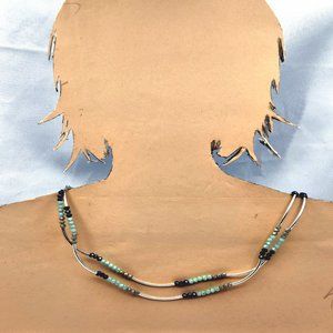 Silver Curved Tube and Glass Beaded Stretchy Necklace/Bracelet 24”